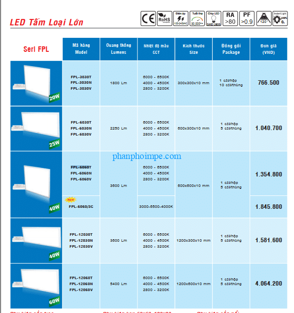 Bảng giá Đèn led panel 600x600 MPE 40w FPL-6060T