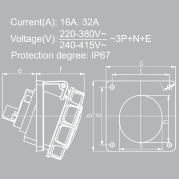 Ổ cắm loại cố định bắt trên bảng điện xéo 5 cực, 32A, IP67 mã MPN2-4252 5