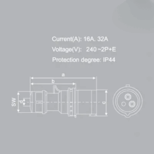 Phích cắm loại di động có kẹp giữ dây 3 cực, 16A, IP44 mã MPN2-013 3
