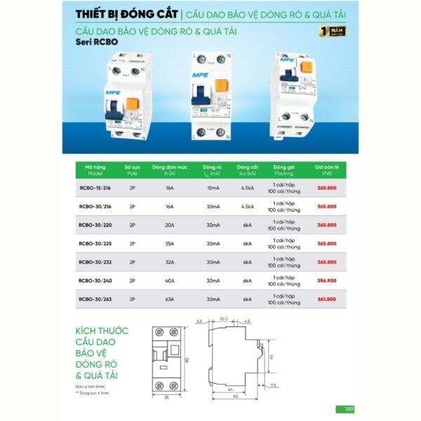 Cầu dao bảo vệ dòng rò, quá tải RCBO 2 cực, 20A, 30mA, 6kA mã RCBO-30/220 1