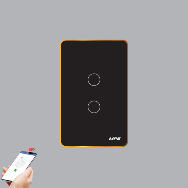 Mặt 2 công tắc màu đen viền vàng, điều khiển Wifi SWB2/SC 1