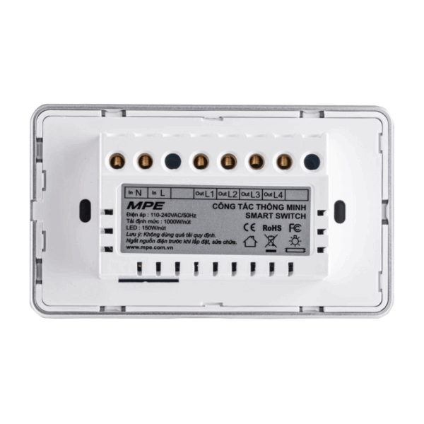 Mặt 4 công tắc màu trắng viền bạc, điều khiển Wifi SWW4/SC 2