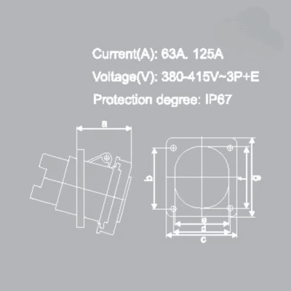 Ổ cắm loại cố định bắt trên bảng điện xéo 5 cực, 63A, IP67 mã MPN2-4352 5