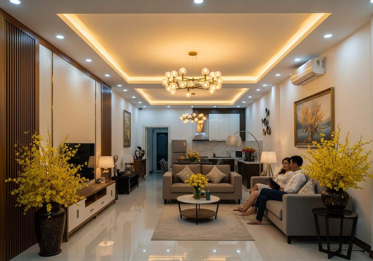 Bố trí đèn phòng khách 8 3. Cách chọn công suất và số lượng đèn theo diện tích