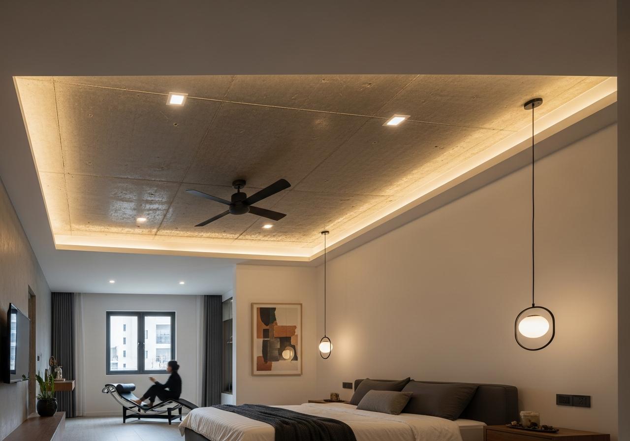 Bố trí đèn phòng ngủ trần bê tông 5 2. Nguyên tắc ánh sáng cho phòng ngủ trần bê tông