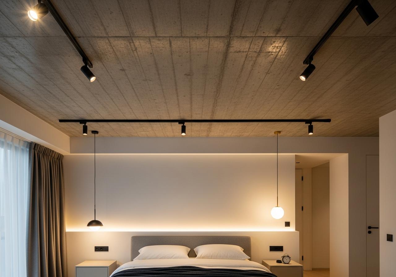 Bố trí đèn phòng ngủ trần bê tông 6 3. Các loại đèn phù hợp cho phòng ngủ trần bê tông