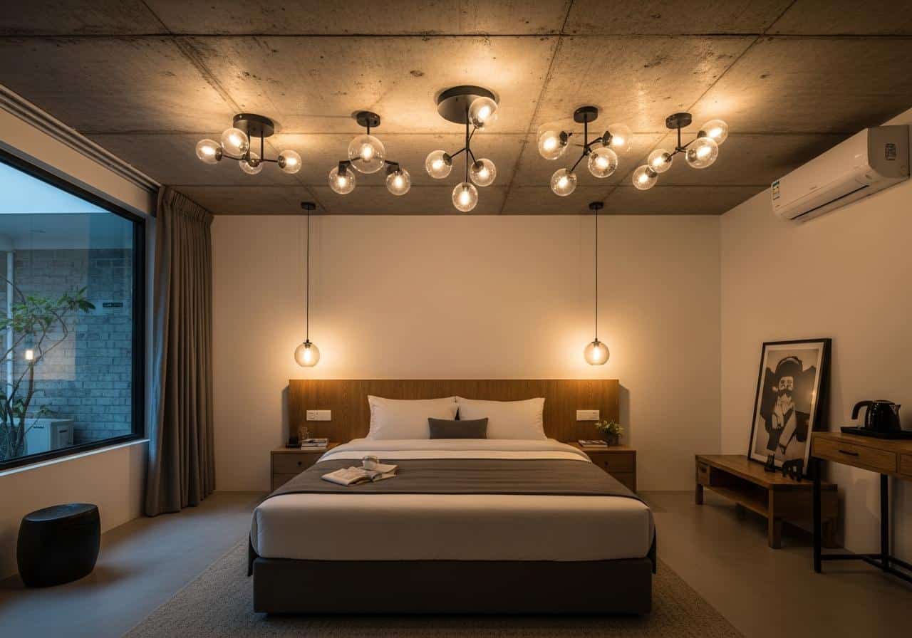 Bố trí đèn phòng ngủ trần bê tông 2 Bố trí đèn phòng ngủ trần bê tông