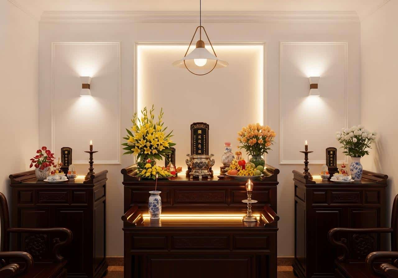 Bố trí đèn phòng thờ 3 2. 🔆 Các Loại Đèn Phòng Thờ Phổ Biến Nhất