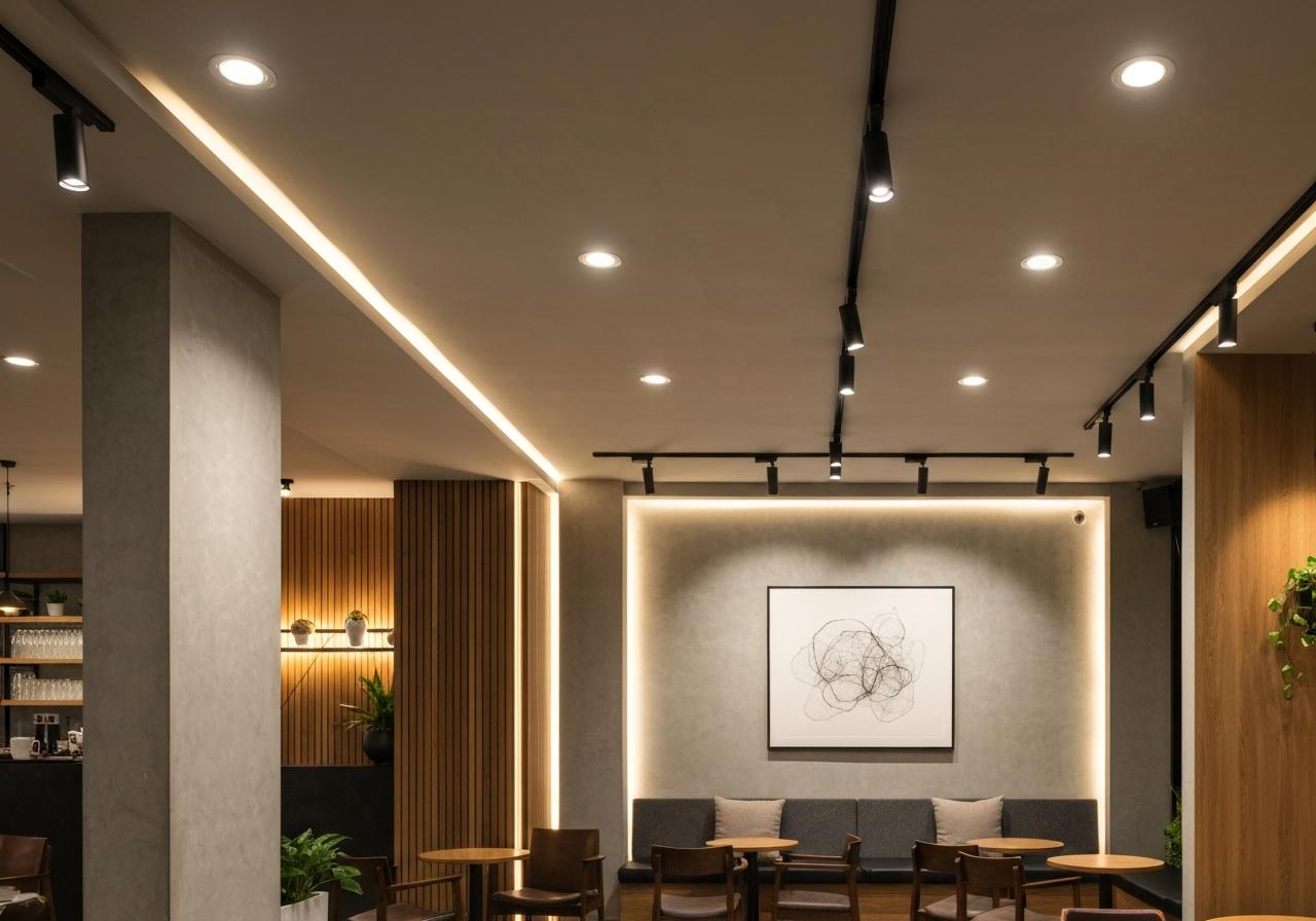 Các kiểu đèn trang trí quán cafe 5 2. Kiểu Âm Trần và Rọi Ray