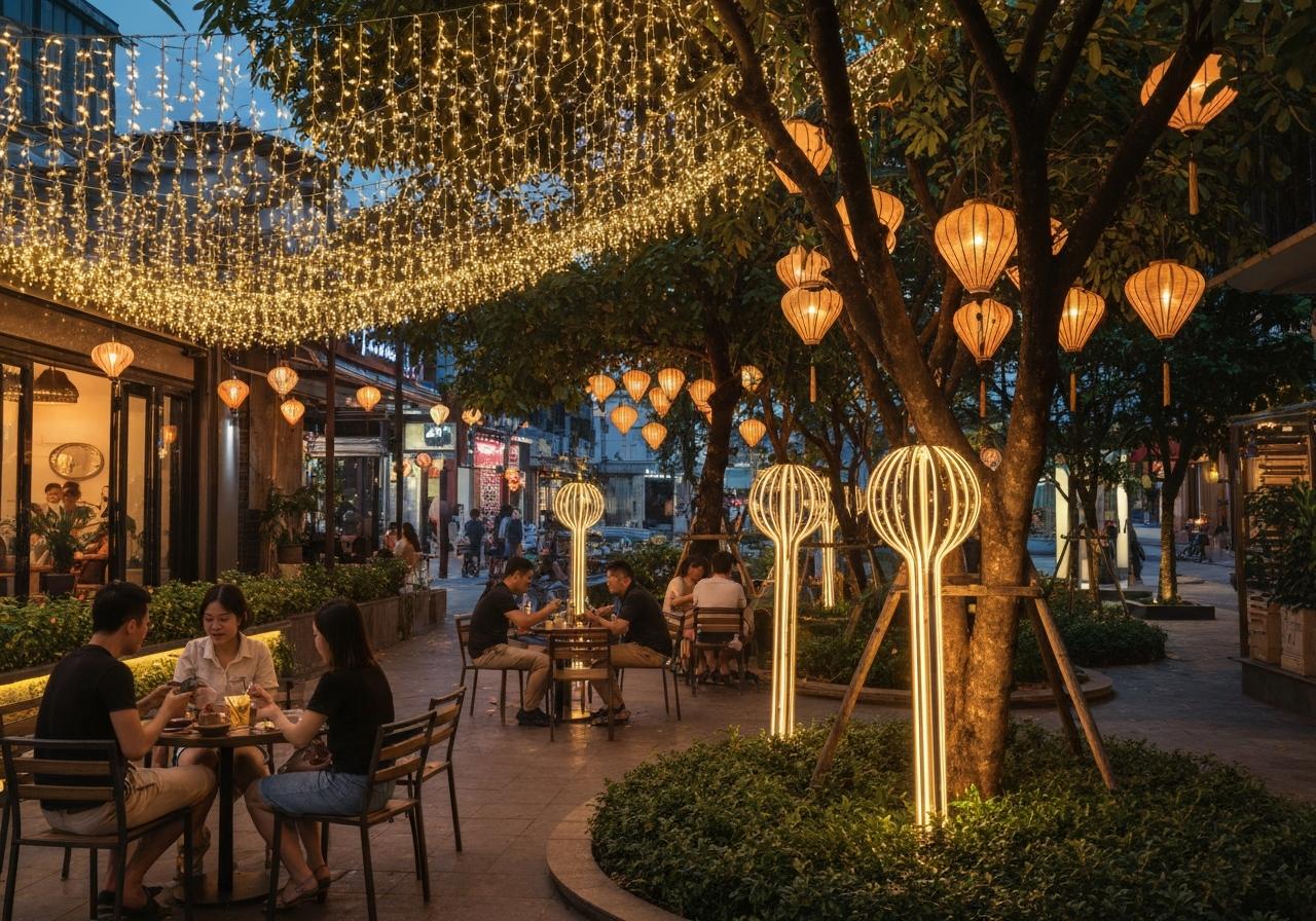 Các kiểu đèn trang trí quán cafe 7 3. Kiểu Ngoài Trời và Đặc Biệt