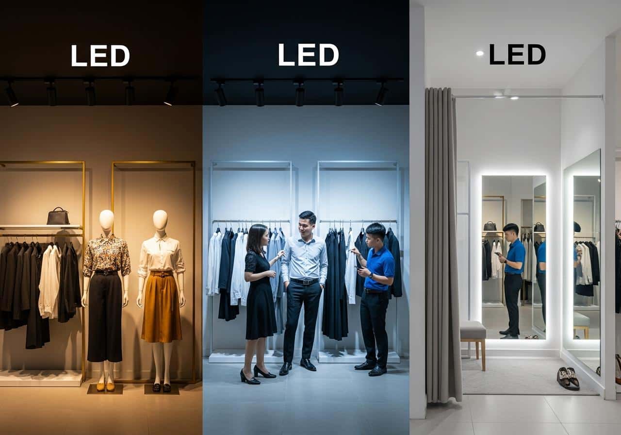 Các loại đèn led cho shop quần áo 4 3. Chọn ánh sáng phù hợp cho từng khu vực