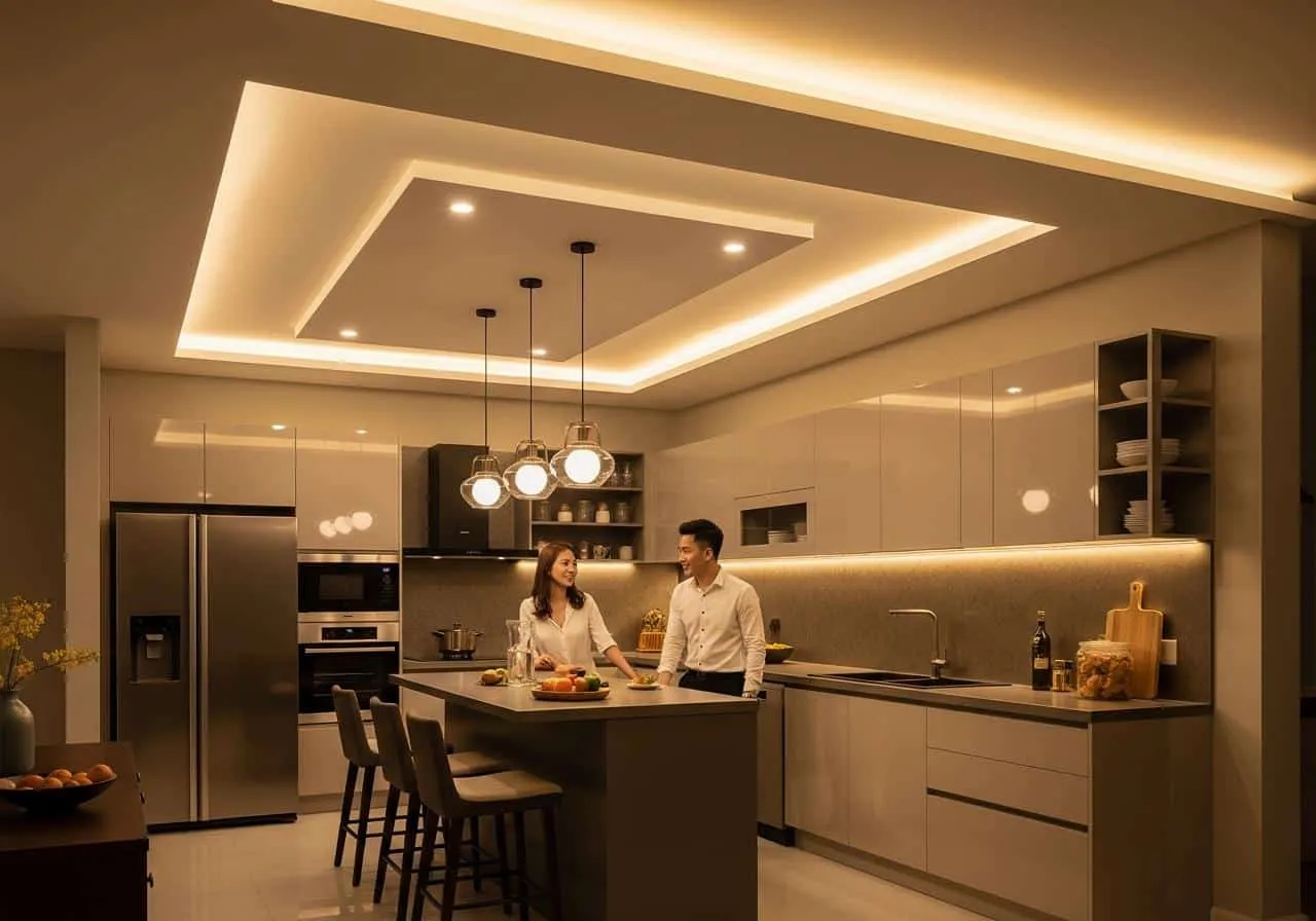 Các loại đèn trang trí phòng bếp 5 2. Đèn Trần và LED Hắt